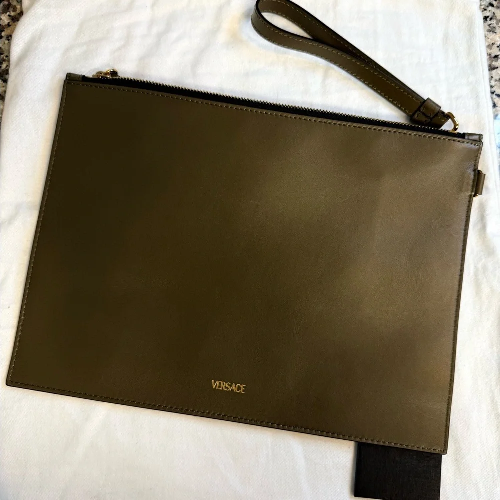 Versace Olive Green Clutch with Gold Medallion - Picture 2 of 4